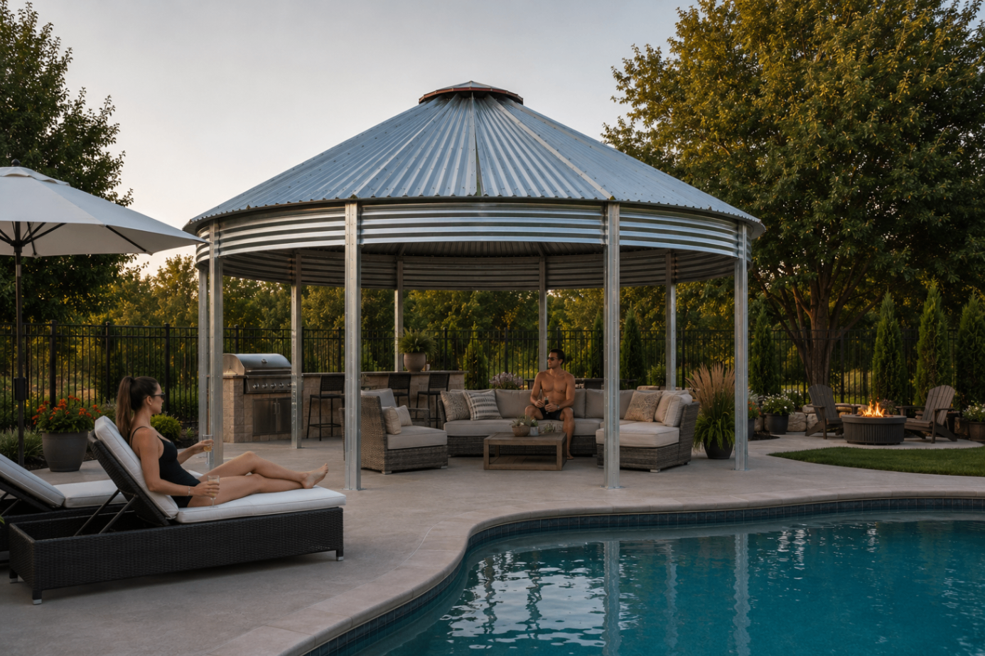 18 foot Binzebo poolside lounge with outdoor kitchen at dusk