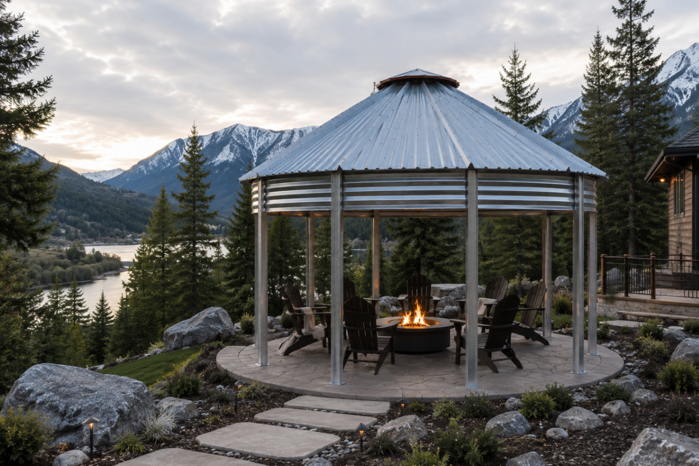 Binzebo overlooking a mountain lake with firepit and evergreens
