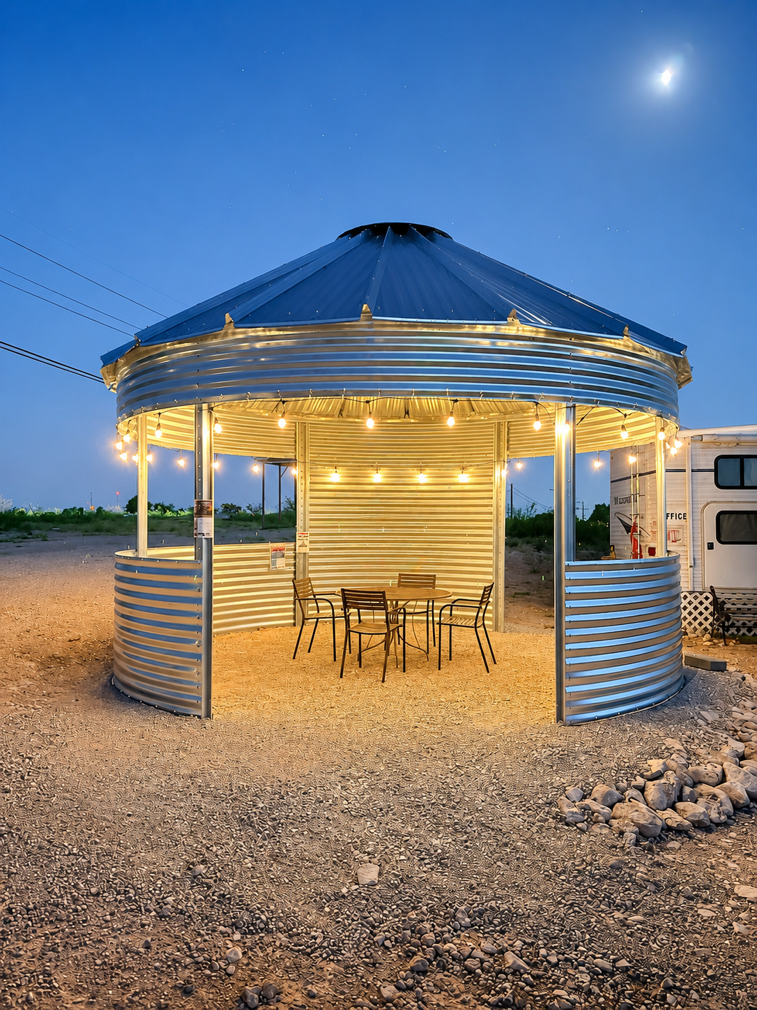 Binzebo with half walls lit by string lights under a moonlit desert sky