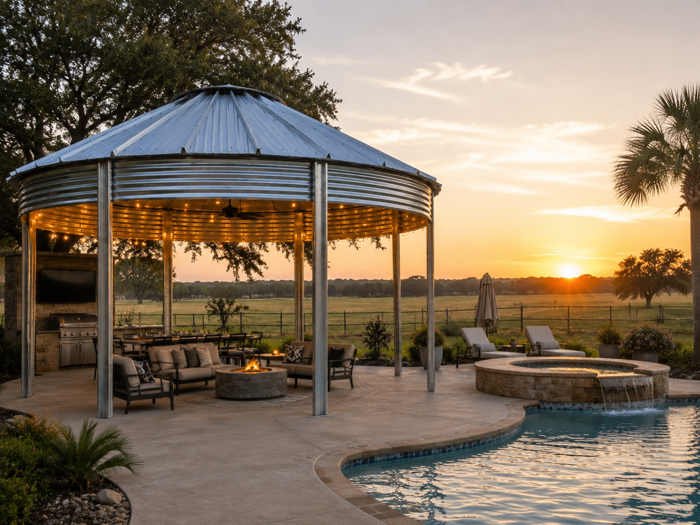 21 foot Binzebo beside pool and spa at sunset with outdoor kitchen