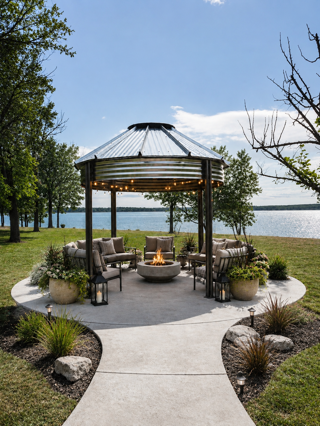 Binzebo overlooking a lake with firepit and lounge seating
