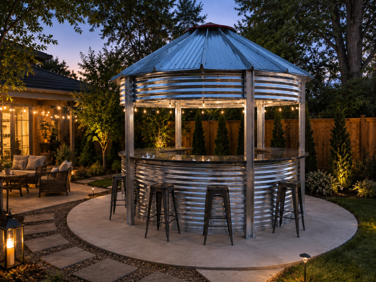 Binzebo on a rural property at dusk with chairs gathered around a fire pit