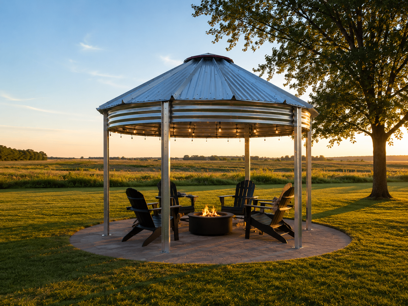 Binzebo with firepit and Adirondack chairs at golden hour on the prairie