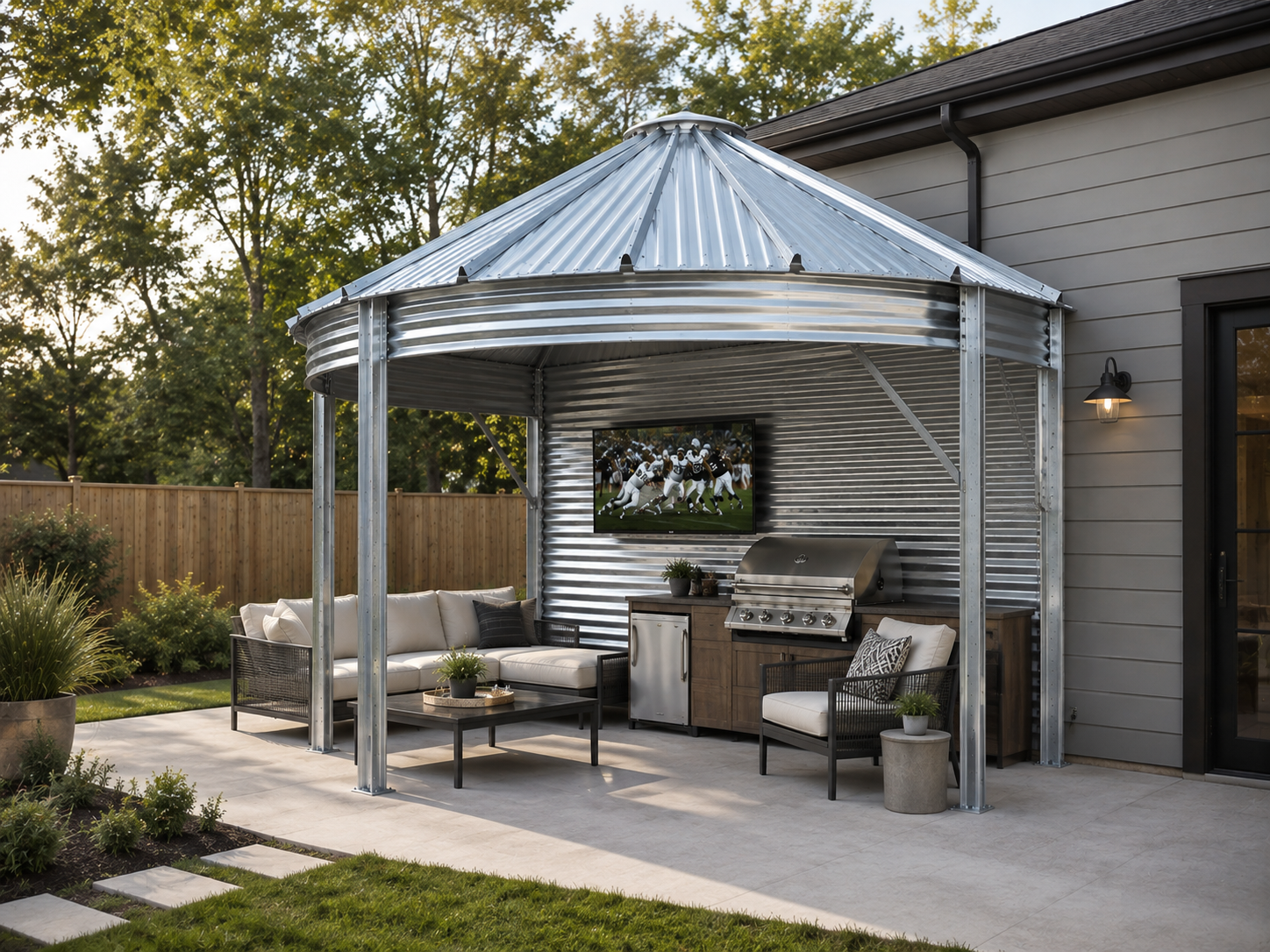 18 foot half Binzebo patio lounge with outdoor kitchen and TV