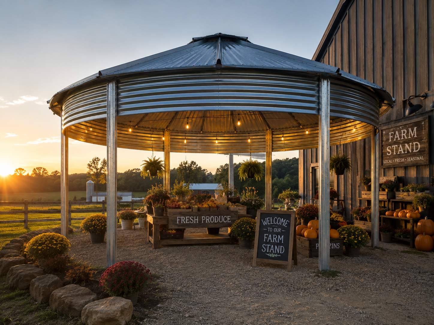 Binzebo used as a farm stand at sunrise with fresh produce and pumpkins