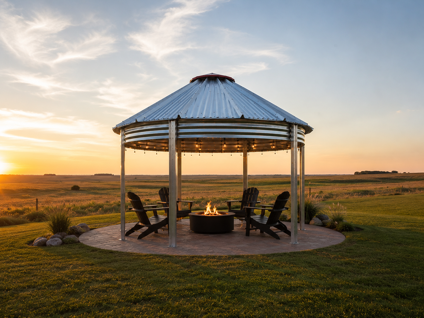 Binzebo in an open field at sunset with string lights and a fire pit