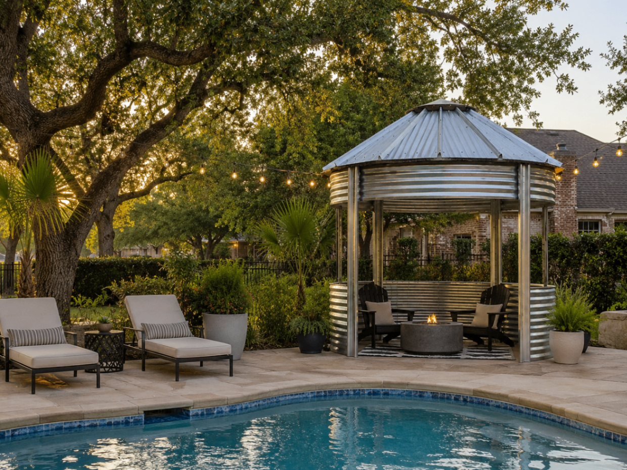 Binzebo beside pool under oak canopy with string lights