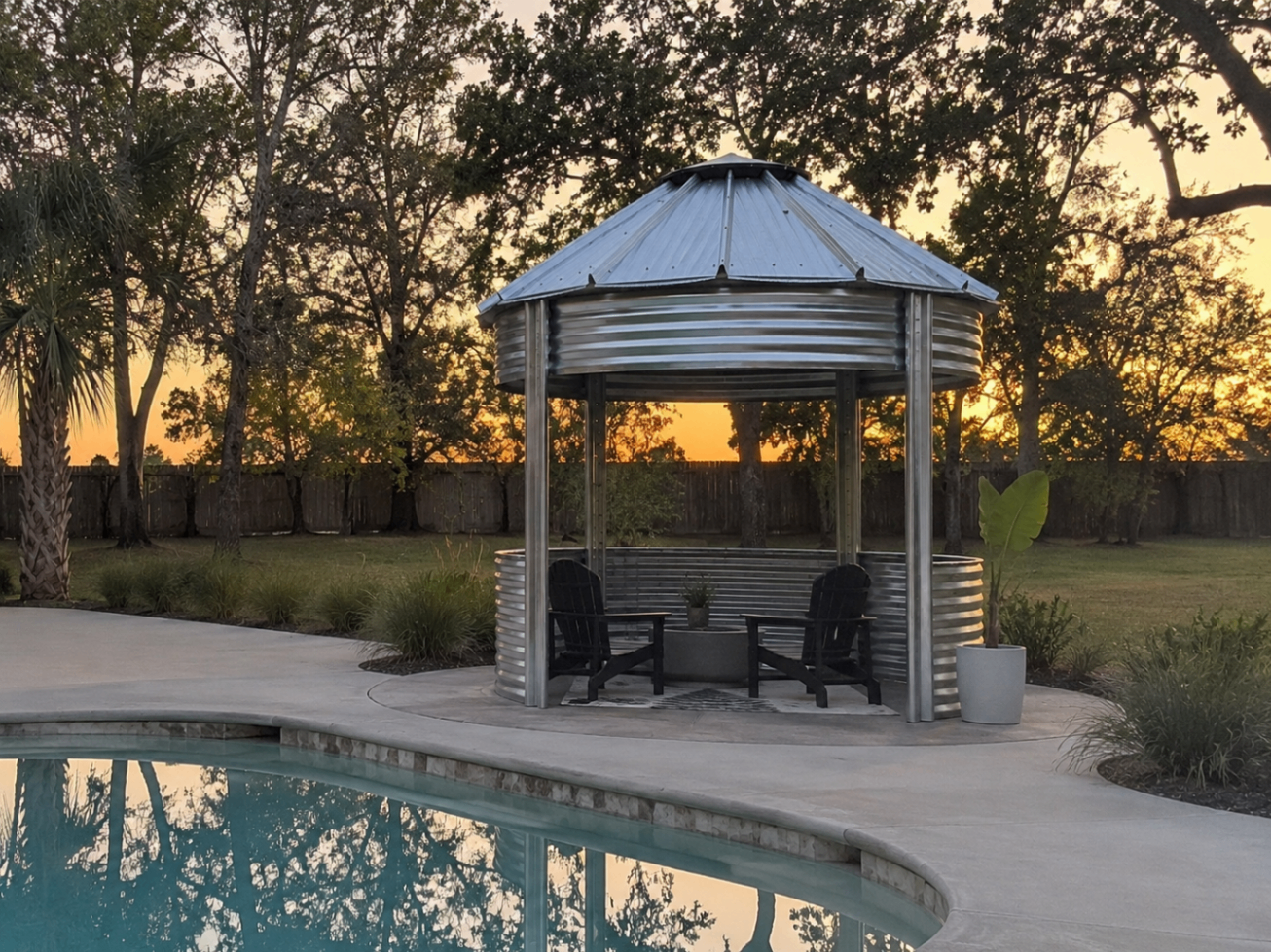 Binzebo poolside at dusk with Adirondack chairs