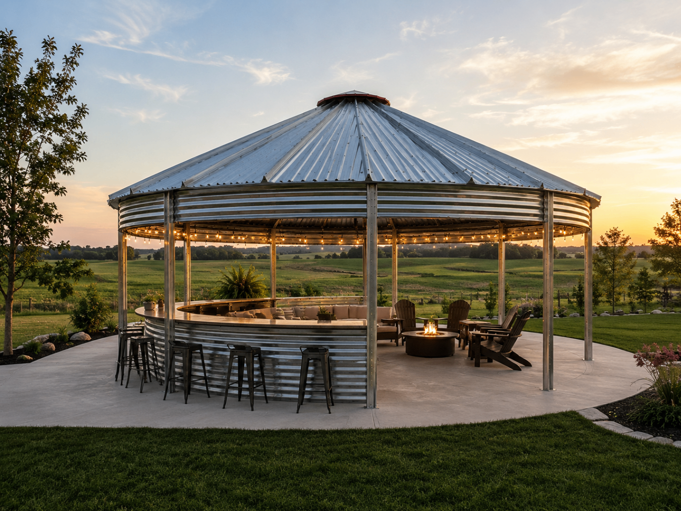 24 foot Binzebo with wraparound bar top and string lights at sunset
